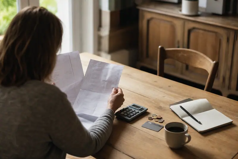 Relevés bancaires et calculatrice sur une table de cuisine lumineuse.