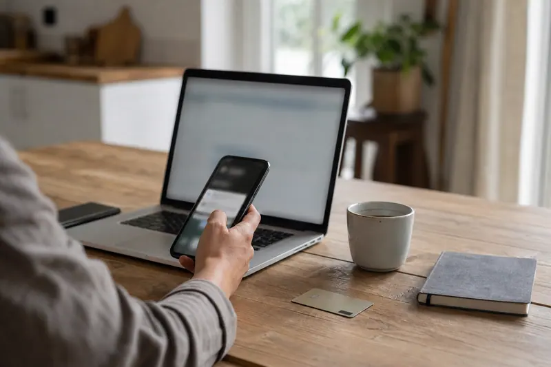 Téléphone et ordinateur utilisés pour gérer un compte bancaire à domicile.