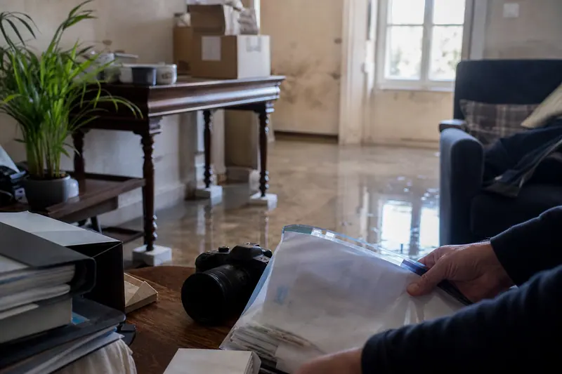Salon après inondation avec documents protégés et meubles surélevés.