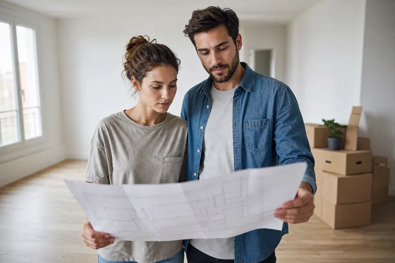 Couple examinant un plan de logement dans un séjour vide fraîchement repeint