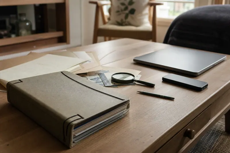 Ancien dossier bancaire et documents administratifs rangés sur une table en bois.