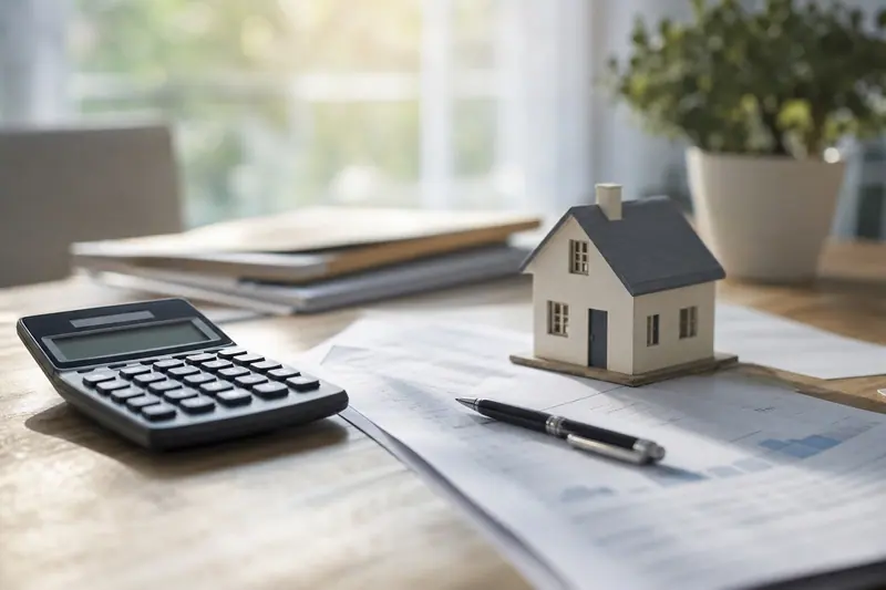 Calculatrice et documents posés près d'une maquette de maison
