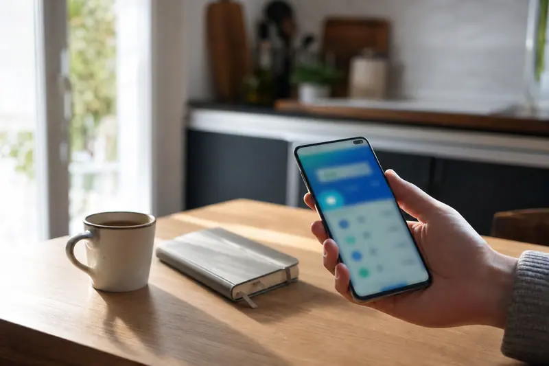 Smartphone posé sur une table pendant une vérification de sécurité bancaire.