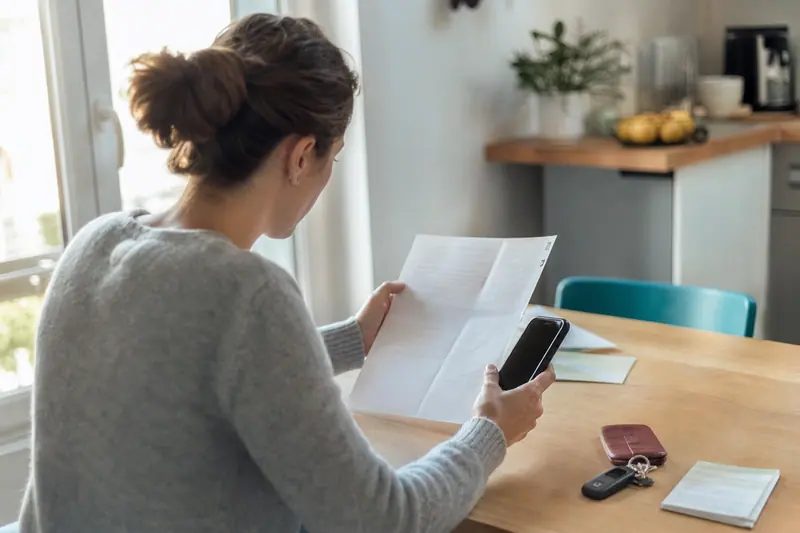 Conductrice comparant des documents d’assurance auto et son téléphone à domicile.
