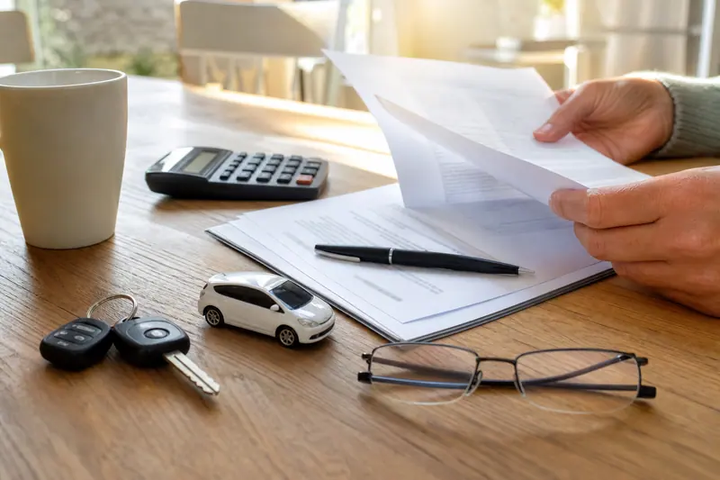 Contrat d’assurance auto, clés et calculatrice sur une table en bois.