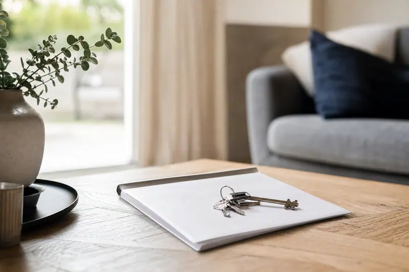 Clés d'appartement posées sur une attestation d'assurance fermée