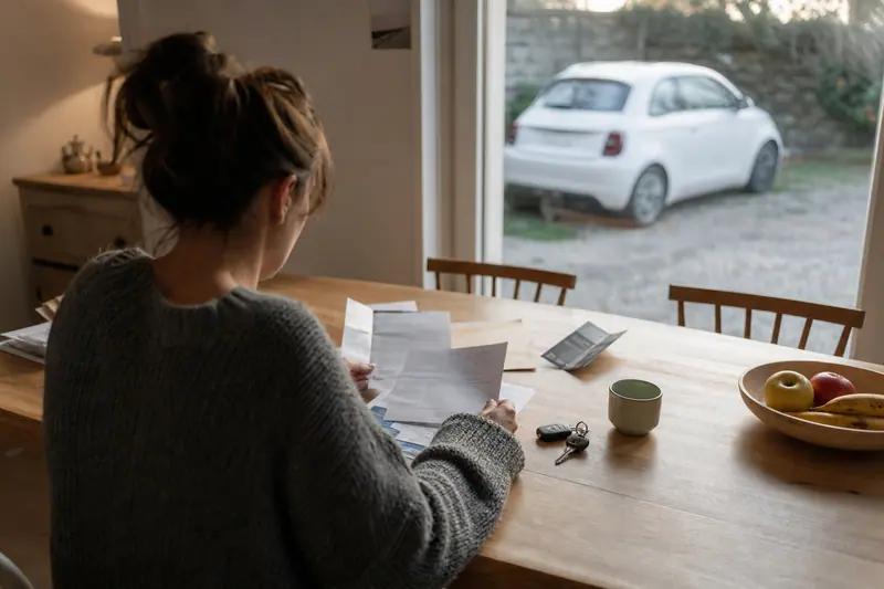 Jeune conductrice compare des documents d’assurance auto et ses clés sur une table.
