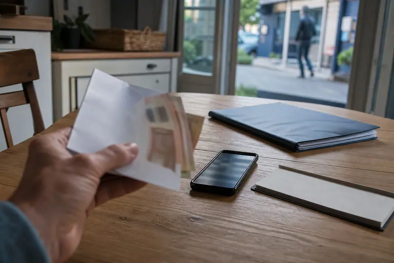 Documents, chéquier et téléphone posés près d’une enveloppe de dépôt.
