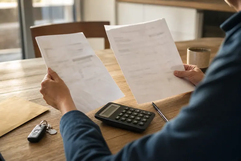 Mains comparant deux dossiers de crédit avec calculatrice et clés de voiture.
