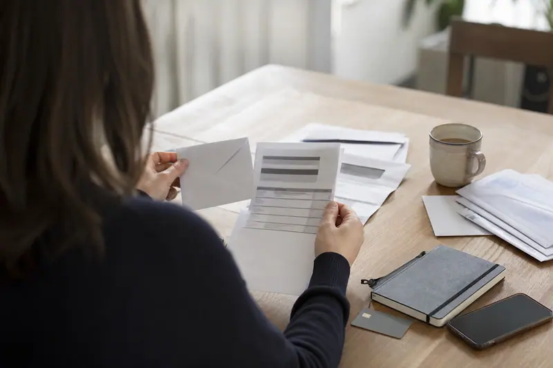 Personne triant des documents bancaires anciens sur une table en bois clair.