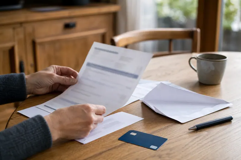 Mains consultant un ancien relevé bancaire et une carte de paiement générique.