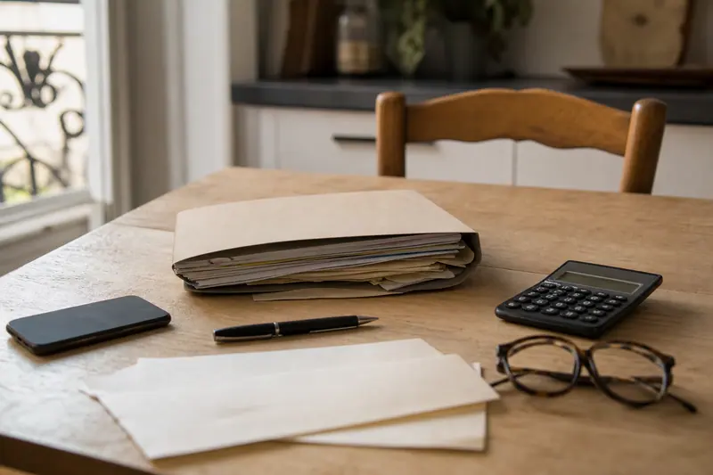 Ancien dossier de crédit, calculatrice et téléphone sur une table en bois.
