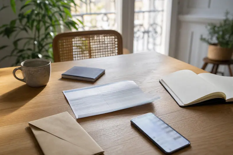Ancien relevé bancaire et chéquier posés sur une table de travail.