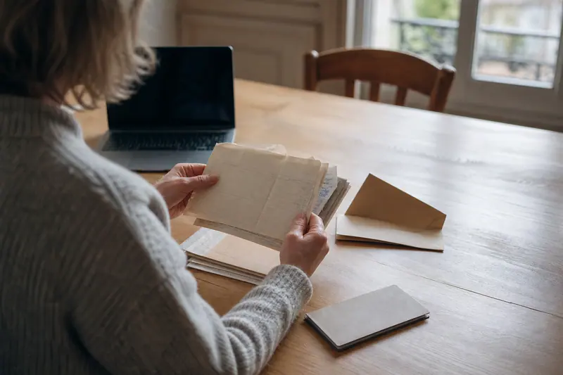 Mains triant des documents bancaires anciens sur une table en bois.