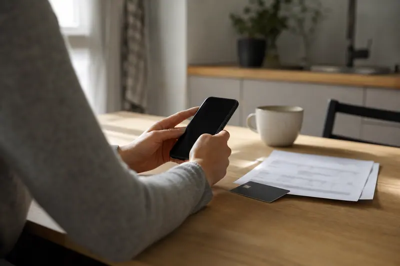 Smartphone verrouillé, carte bancaire neutre et relevé flou sur une table.