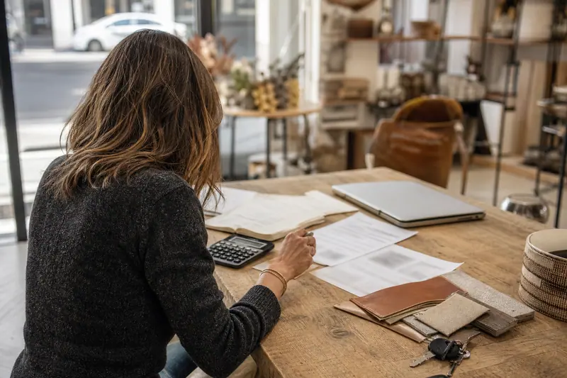 Entrepreneuse prépare un dossier de financement dans son petit atelier professionnel.