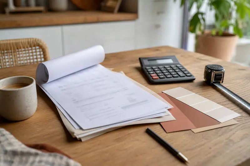 Dossier de travaux, calculatrice et échantillons de peinture sur une table.