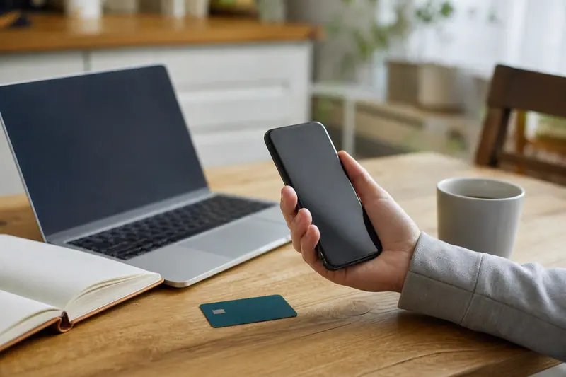 Main utilisant un smartphone près d’un budget et d’une carte bancaire.