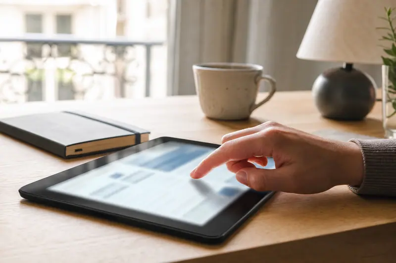 iPad verrouillé posé près d’un carnet et d’une carte bancaire.