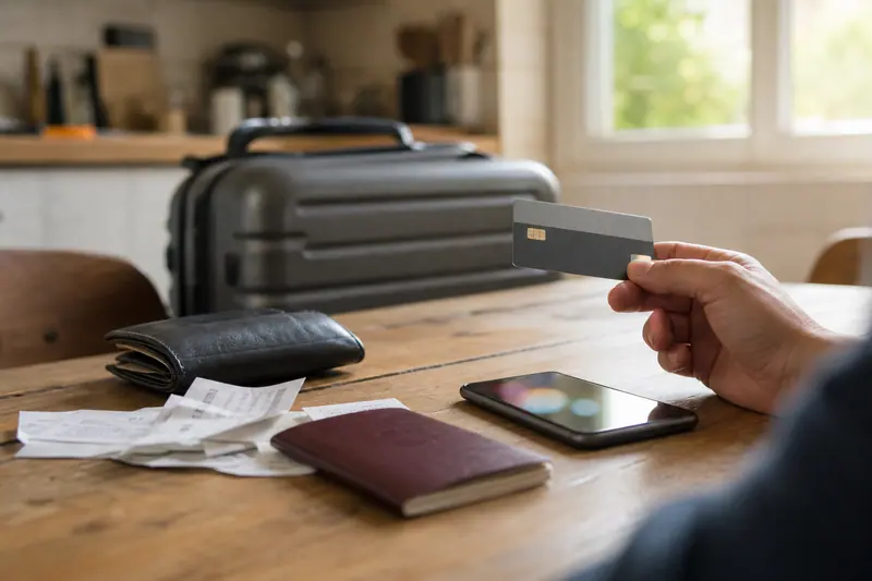 Carte bancaire, smartphone et passeport posés sur une table de cuisine.