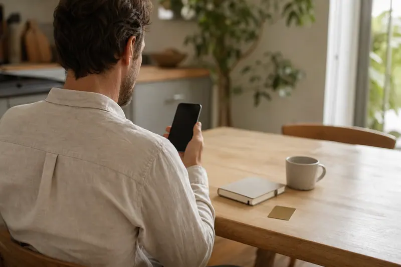 Main tenant un smartphone sécurisé sur une table de cuisine lumineuse.