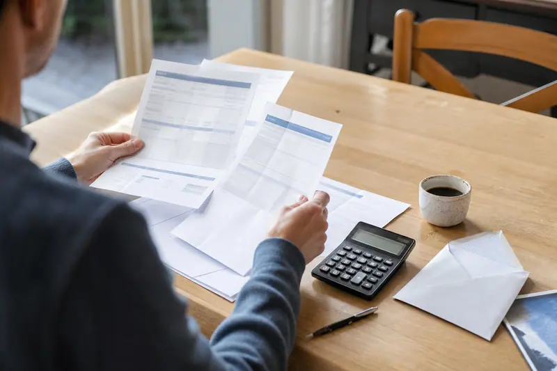 Personne comparant des documents de prêt et une calculatrice sur une table.