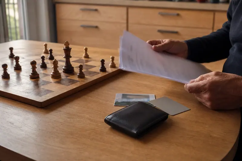 Échiquier, licence sportive et carte bancaire sur une table éclairée naturellement.