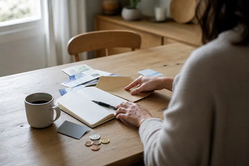Budget vacances préparé sur une table avec carnet, enveloppe et carte bancaire.