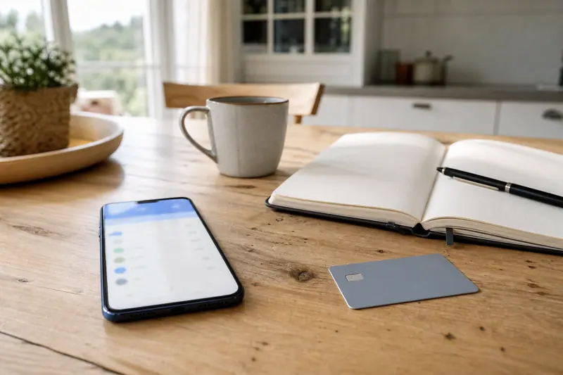 Smartphone, carte bancaire et carnet posés sur une table lumineuse.