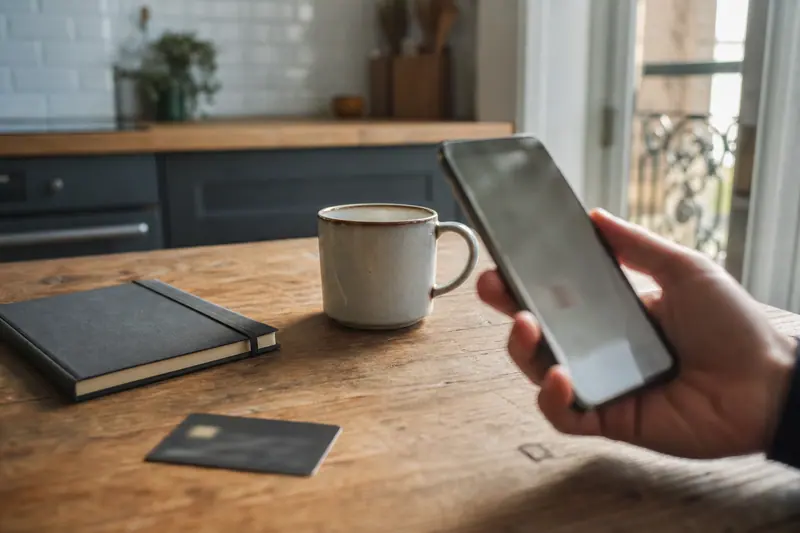 Main utilisant un iPhone pour consulter ses comptes bancaires à domicile.