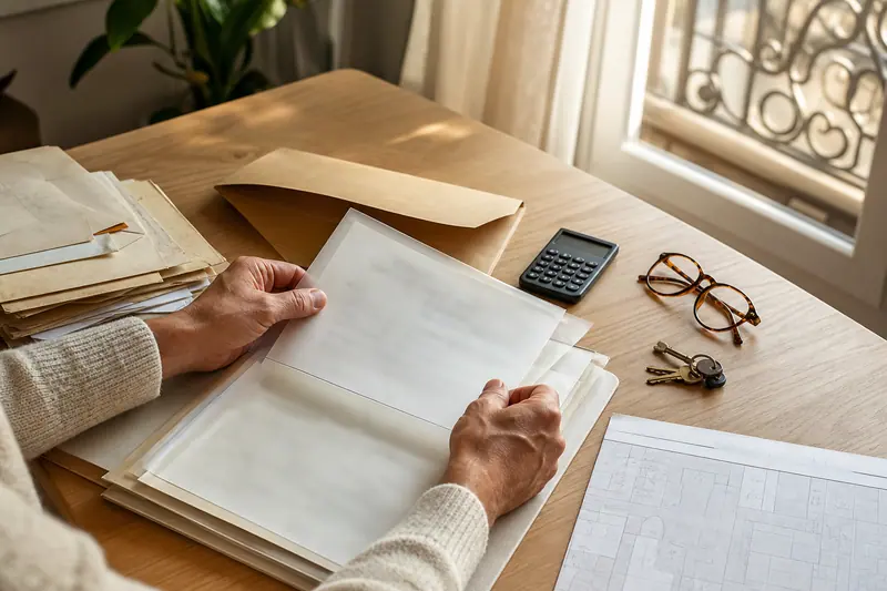 Ancien dossier immobilier classé sur une table avec clés et calculatrice.