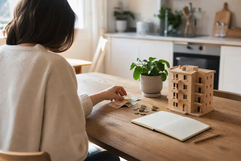 Épargne déposée près d’une maquette d’immeuble et d’une plante verte