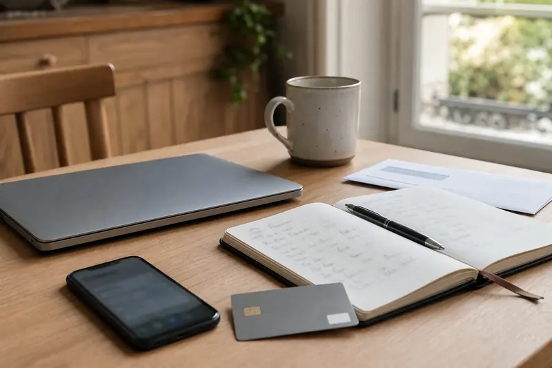 Table de cuisine avec carte bancaire, smartphone et documents de compte flous.