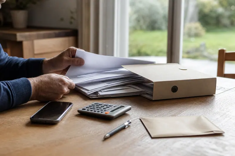 Documents bancaires anciens et téléphone posés sur une table en bois clair.