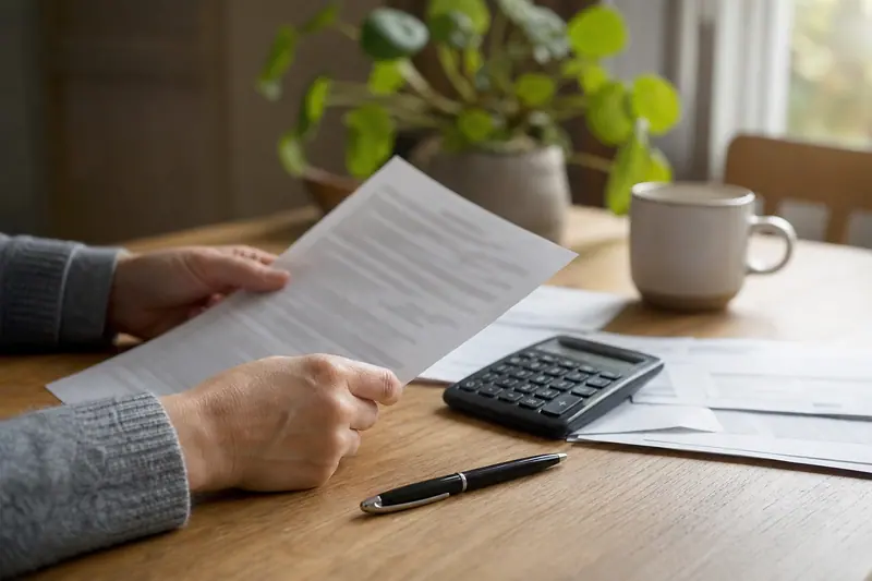 Main comparant un contrat de crédit et une calculatrice sur une table.