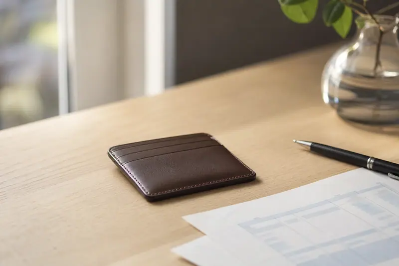 Porte-cartes en cuir posé près d'un relevé bancaire sur un bureau en bois