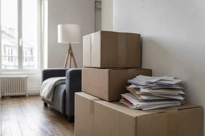 Cartons de déménagement empilés avec du courrier posé dessus
