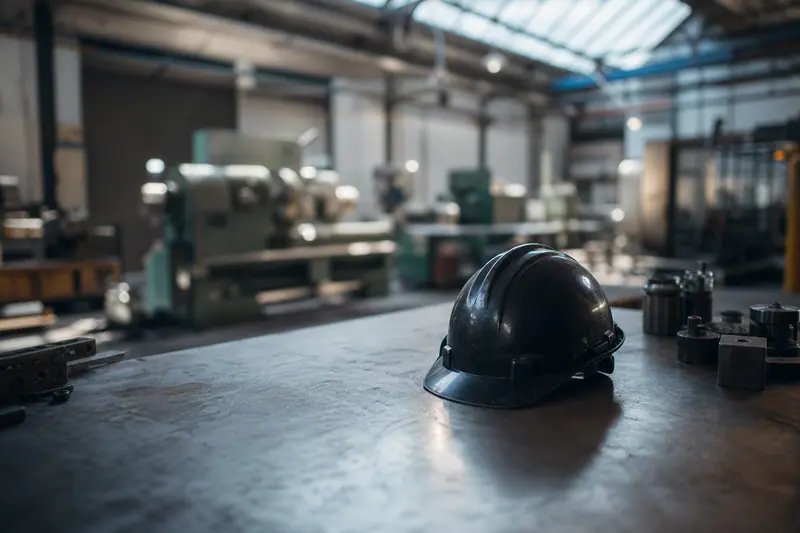 Casque de sécurité posé sur une table dans un atelier industriel calme