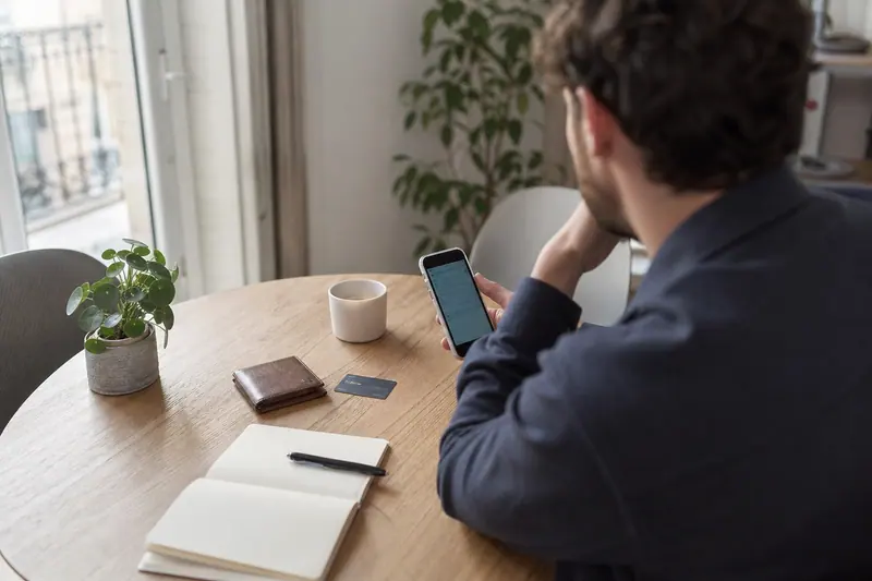 Personne consultant son compte bancaire sur smartphone près d’une carte et d’un carnet.