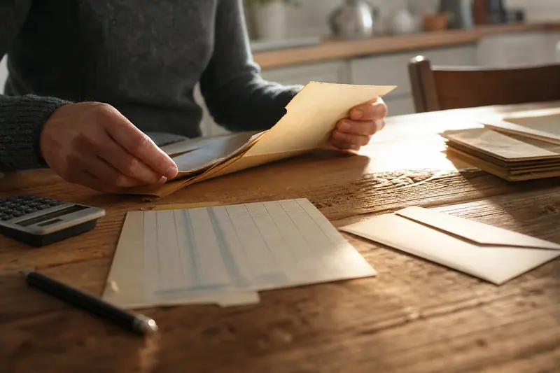 Mains triant des documents d’ancien prêt immobilier sur une table en bois.