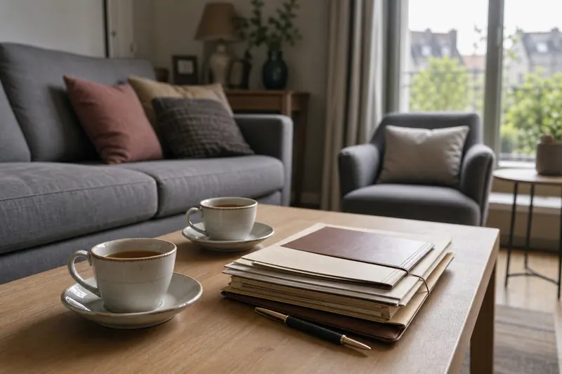 Documents patrimoniaux fermés et tasses de thé sur une table basse