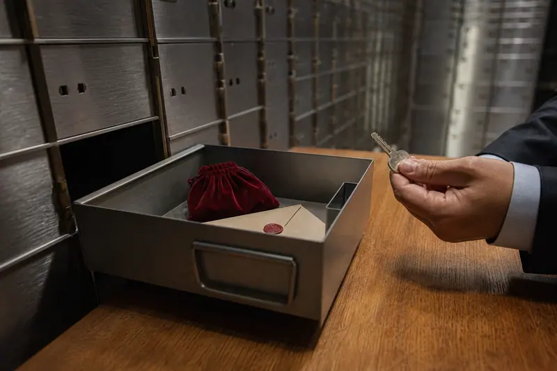 Casier de coffre-fort bancaire ouvert sur une table avec pochette à bijoux et clé