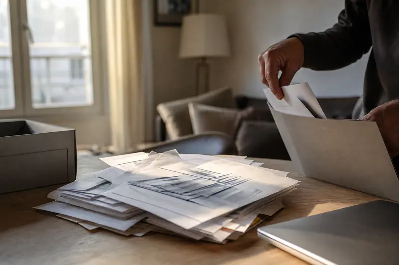 Courriers bancaires classés dans une boîte d’archives sur une table en bois