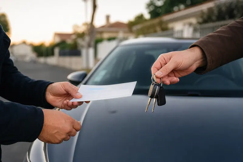 Vendeur vérifiant un chèque avant de remettre les clés d’une voiture.
