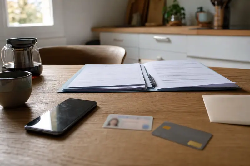 Dossier et smartphone préparés sur une table pour ouvrir un compte bancaire.