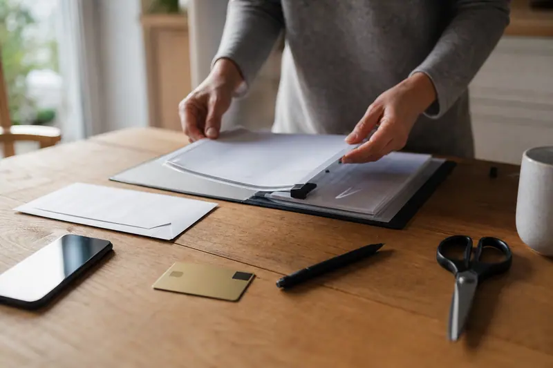 Documents et carte bancaire préparés sur une table pour clôturer un compte.