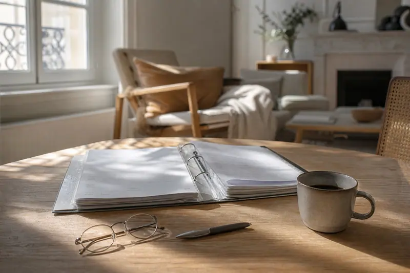 Classeur de papiers administratifs ouvert sur une table de salon, lunettes et stylo posés à côté
