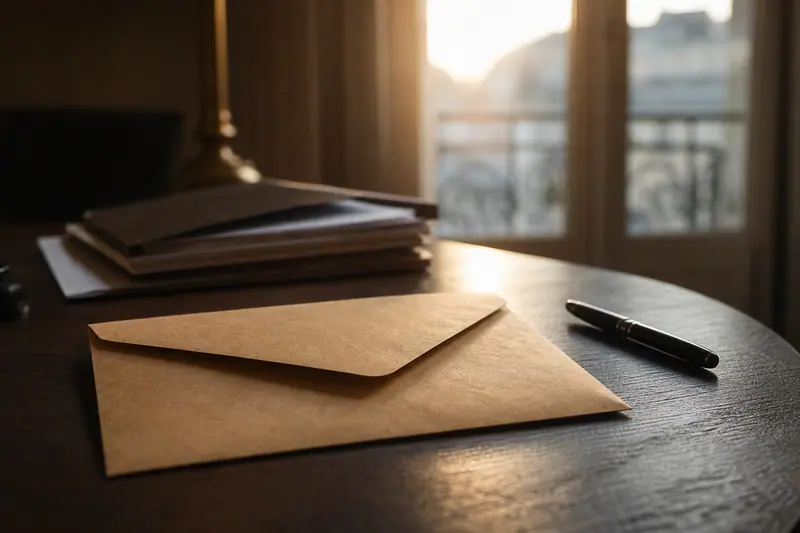 Enveloppe administrative fermée posée sur une table près de documents rangés