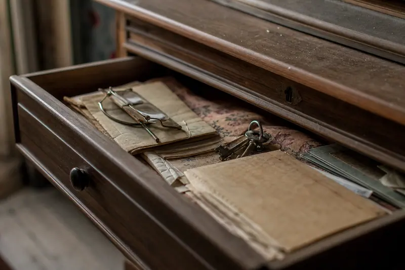 Tiroir de commode entrouvert contenant de vieux carnets, des enveloppes jaunies et des lunettes
