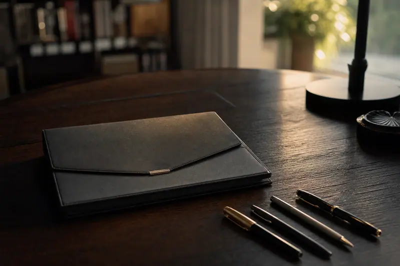 Dossier de succession fermé posé sur une table près de plusieurs stylos